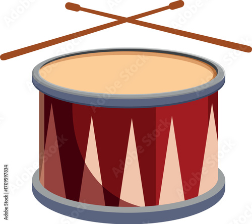 Cartoon drum with crossed drumsticks ready for playing music