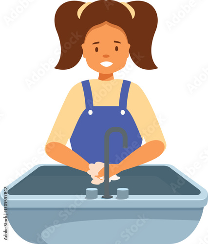 Girl washing her hands with soap and water in the sink