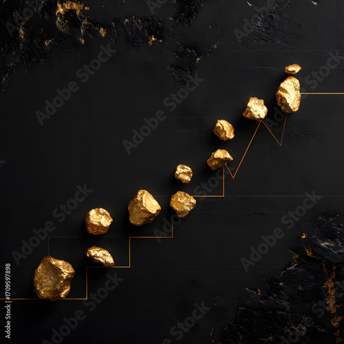 Golden coins form a upward trending graph line.