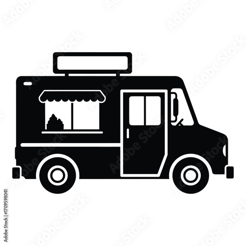 Simple silhouette food truck icon with service window and awning ready for business silhouette