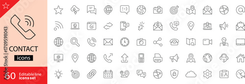 Contact related icons set. Including phone, email, address, form, connection, support, chat, message, call and communication. Editable stroke. outline icons. 