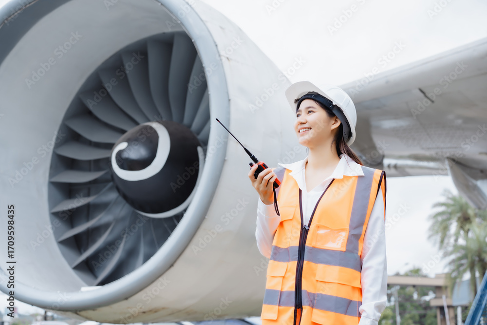 custom made wallpaper toronto digitalAn Asian woman stands confidently in front of a jet engine,wearing a safety helmet reflective vest,holding tablet,representing aviation engineering,safety inspection,professional roles in airline