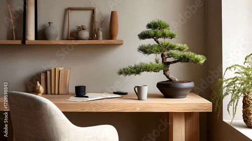 Japandi home office with clean lines and wood desk