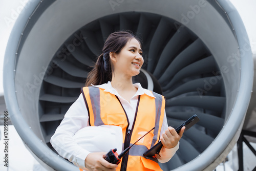 Wallpaper Mural An Asian woman stands confidently in front of a jet engine,wearing a safety helmet  reflective vest,holding tablet,representing aviation engineering,safety inspection,professional roles in airline Torontodigital.ca