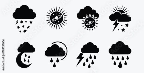 Set of eight monochrome weather icons: sun, moon, rain, snow, lightning, clouds; minimalist style.