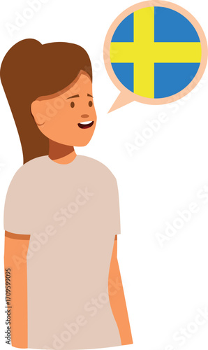 Smiling woman speaking swedish, shown by swedish flag inside speech bubble, representing language learning, translation, and communication