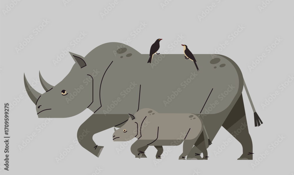 Fototapeta premium illustration of a rhino with its baby, symbolizing family, strength, and the bond of wildlife