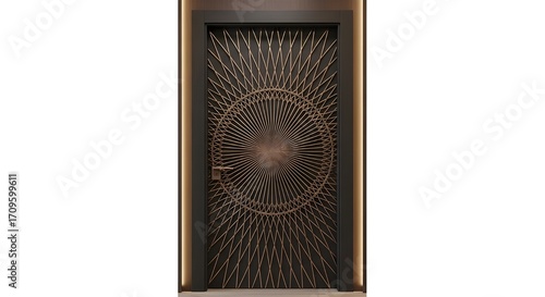 Modern Black and Gold Luxury Door with Circular Geometric Design – 3D Render