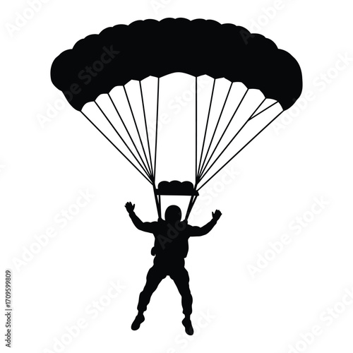 Silhouette of a skydiver descending under a fully deployed parachute against a bright sky silhouette
