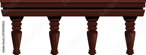 Architectural detail featuring a classic wooden balcony railing with turned balusters supporting a platform, ideal for building design