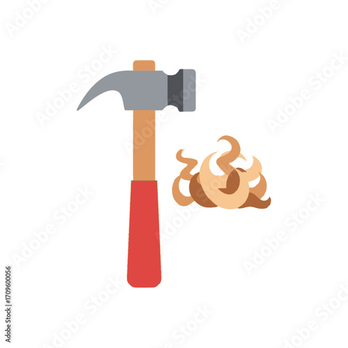 Close-up flat lay of a claw hammer hitting wood, creating wood shavings against a white background, showing a simple, clean aesthetic with warm, earthy tones.