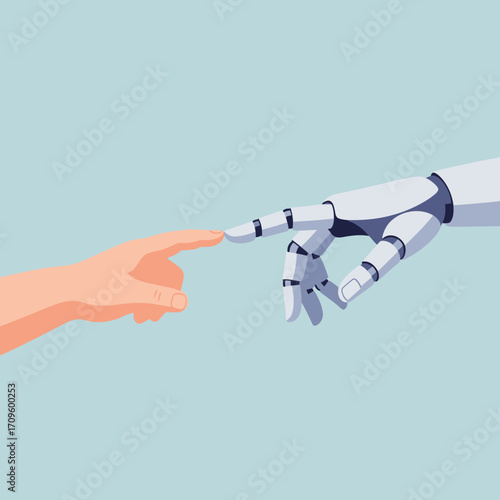 Close-up illustration of a human hand and a robotic hand gently touching fingertips, a symbolic flat-lay design conveying a collaborative mood against a light-blue background.