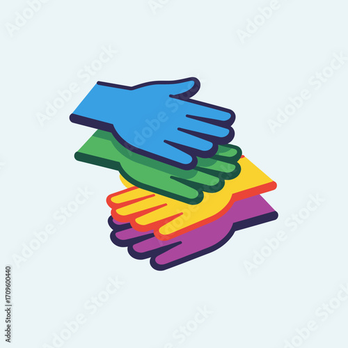 Flat lay illustration of three hands layered, symbolizing unity and collaboration, showcasing vibrant rainbow colors against a light-blue background.