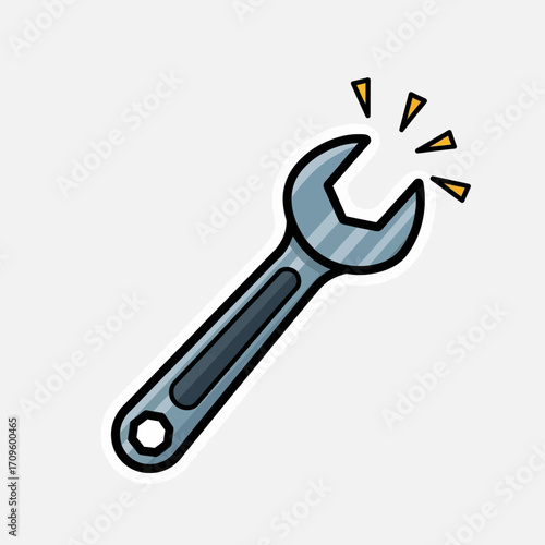 Close-up illustration of a metallic wrench,  sparking, against a clean white background;  a simple, flat design with cool gray tones, conveying efficiency and problem-solving.
