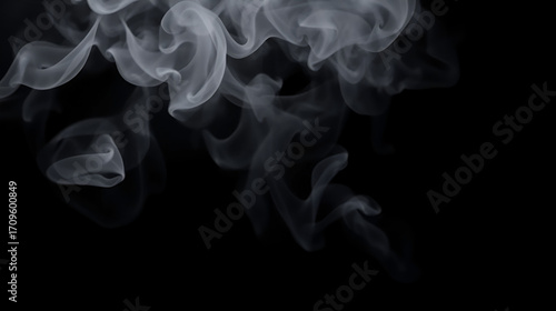 Steam, smoke, vapor isolated on black background. Smoke steam spray, abstract vaporing water, texture of cold mist, hot vapor, fog effect closeup, black screen. Hot food, drink. Overlay using