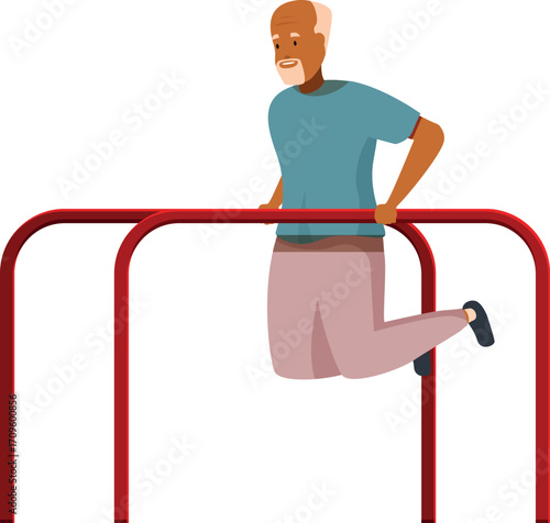 Elderly man doing dips on parallel bars, showcasing strength, fitness, and healthy aging
