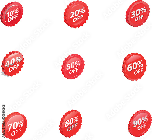 Set of Red Discount Badges and Sale Stickers from 10 to 90 Percent Off