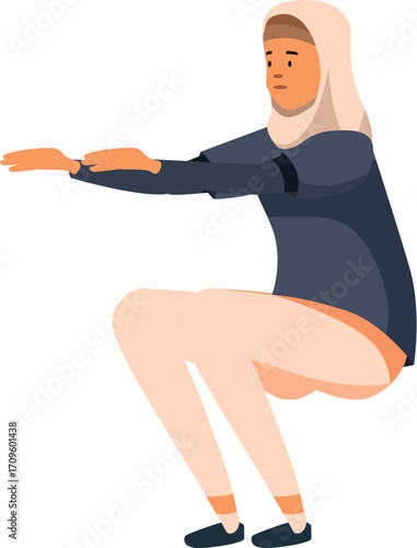 Muslim sportswoman wearing hijab is doing squats, maintaining a healthy lifestyle through physical activity