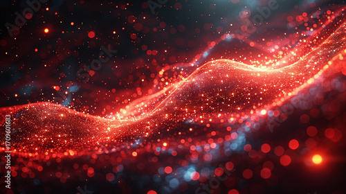 Abstract red glowing particles wave design.