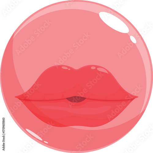 Glossy lips blowing pink bubblegum bubble on white background
