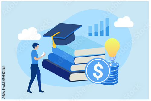 Student  investing money in education and knowledge. Education finance vector illustration