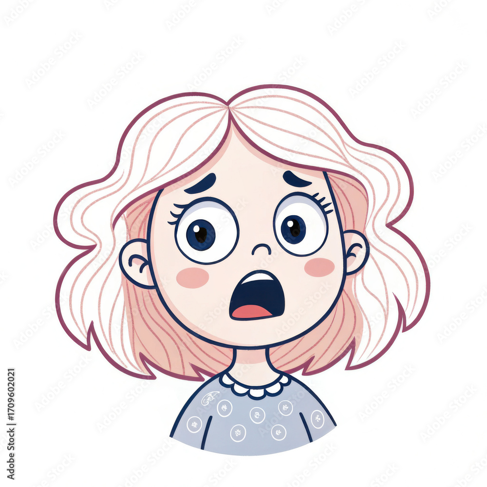 Fototapeta premium Portrait of little girl with anxiety expression. Doodle style illustration, white background.