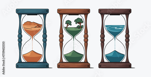 Three Hourglasses: Desert, Forest, Ocean;  Time, Nature, Environmental Conservation;  Hand-Drawn, Vintage Style Illustration.