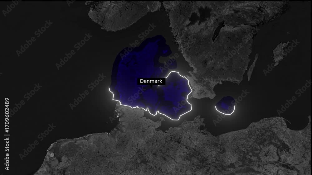 Aerial view of denmark outlined on a dark map with other landmasses and bodies of water visible