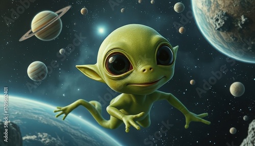 Fototapeta Naklejka Na Ścianę i Meble -  A small green alien with large black eyes floats in space among planets and stars. The scene depicts a whimsical extraterrestrial environment.