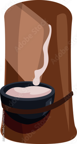 Latex dripping from a rubber tree into a small bowl attached with a rope, sustainable rubber production