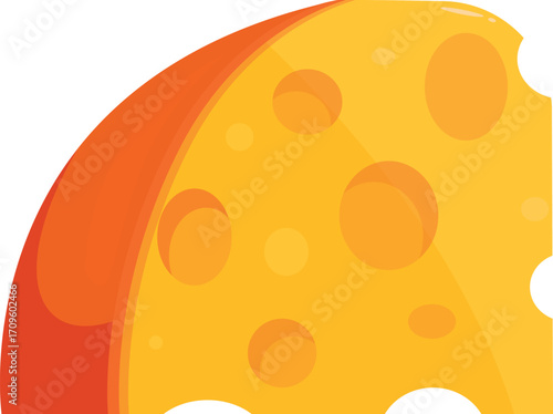 Cartoon illustration of a round piece of swiss cheese with orange rind, showing holes and a bite taken out of the bottom