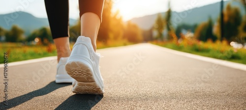 Woman's feet in white sneakers walking on a paved path in a park-like setting on a sunny day