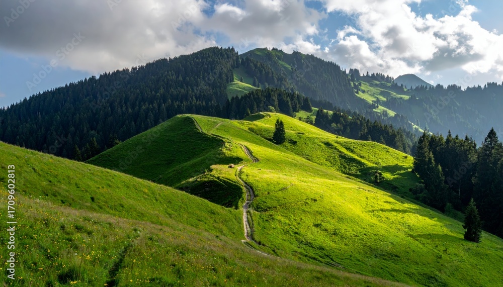 Fototapeta premium Green landscape featuring rolling grassy hills and a winding path