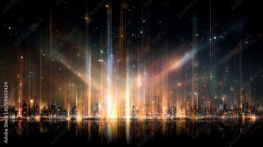 Fototapeta premium Glowing futuristic city skyline illuminated with digital light streaks and falling particles, symbolizing advanced technology, urban innovation, modern architecture, and smart city development