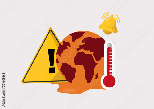 Global Warming Warning. Earth Temperature Alert Sign. Climate emergency. Climate change impact. Corporate climate messaging. Climate risk. Flat style. Vector illustration