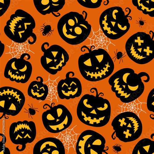 Seamless vector pattern for Halloween design. Halloween symbols: pumpkin, spider in cartoon style. Vector Illustration