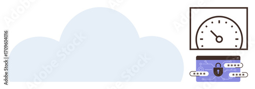 Cloud graphic with a speed meter and locked file representing fast and secure cloud storage. Ideal for technology, data, security, speed, innovation, IT services, cloud adoption. Simple flat metaphor