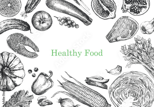 Healthy Food. Hand-drawn illustration of Food. Ink. Vector