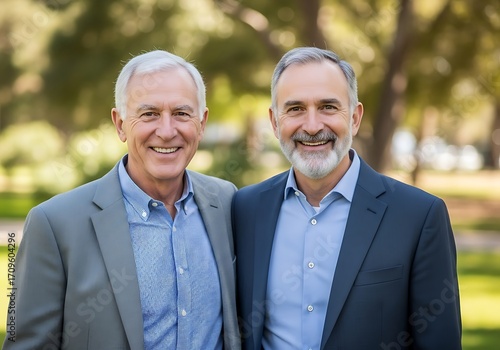 Two Businessmen Smiling Outdoors.