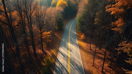 A forked country road winding through an autumn forest, captured from above in golden sunlight.