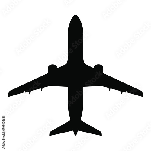 Silhouette of a modern business jet airplane flying top view silhouette