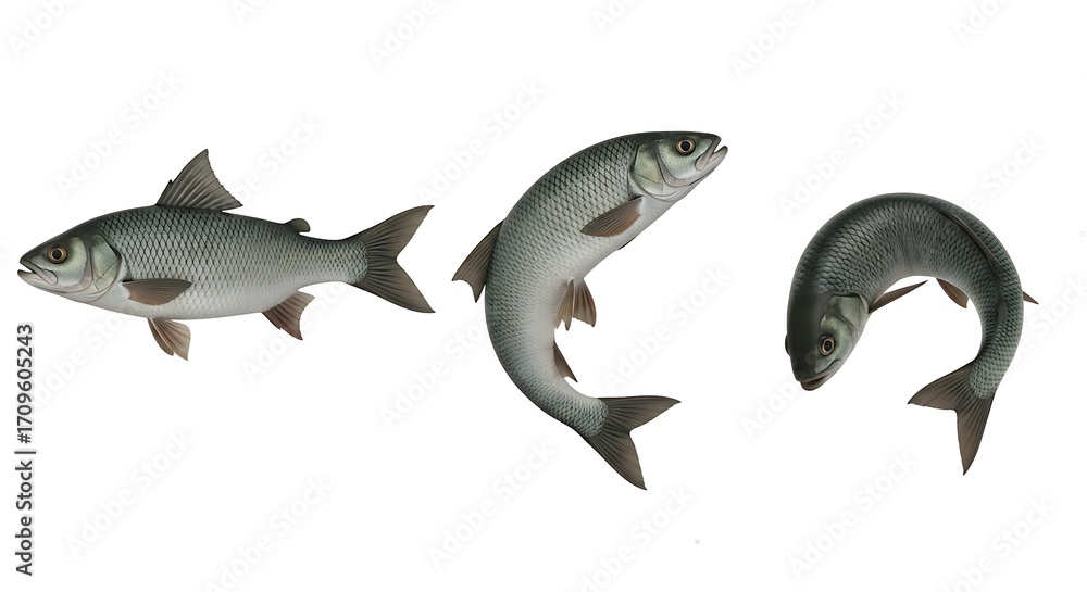 Fototapeta premium Three fish in various poses on a white background, showcasing different angles and movements.