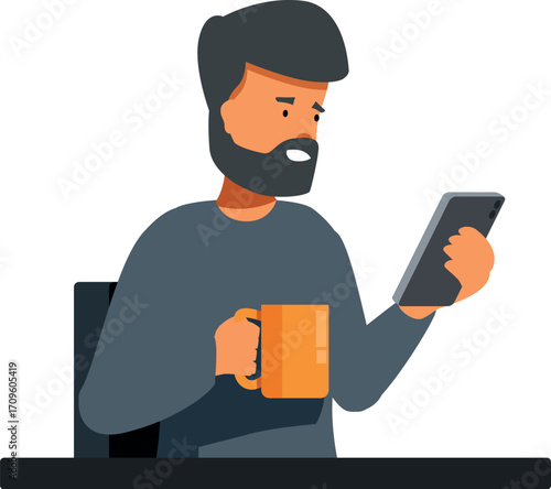 Bearded man using smartphone and drinking coffee, sitting at a table, working or relaxing at home or in the office