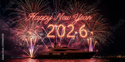 Fireworks Over Yacht with 2026 Message