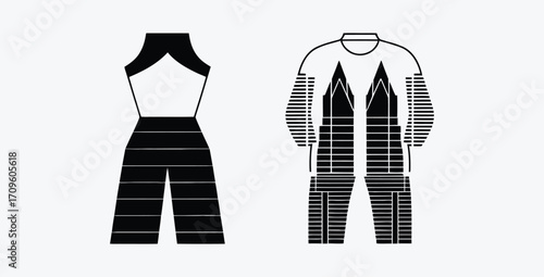 Stylish Black and White Jumpsuit and Long-Sleeve Top Designs; Modern Minimalist Fashion Illustrations.