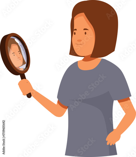 Smiling woman looking at her reflection in a hand mirror, expressing self acceptance and confidence