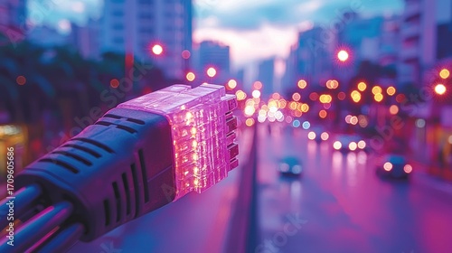 Fiber Optic Cable in City at Dusk