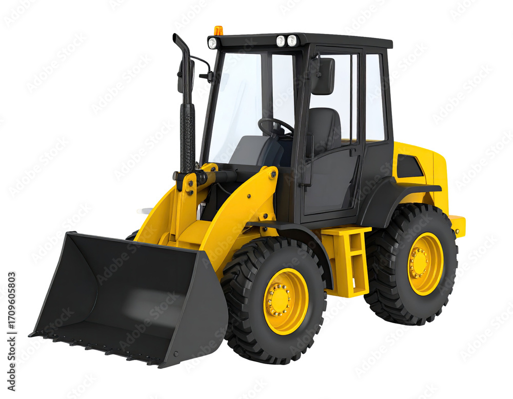Fototapeta premium Heavy construction machinery front loader truck with bucket scoop for building, mining, agriculture and industrial work isolated on white background