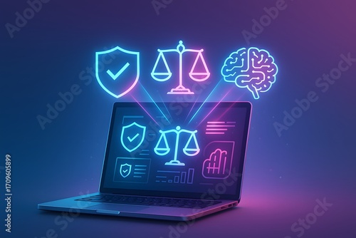 Laptop with shield, legal scales and brain icons under neon glow, concept for ethical AI governance, compliance dashboards, trust and safety analytics and technology strategy.