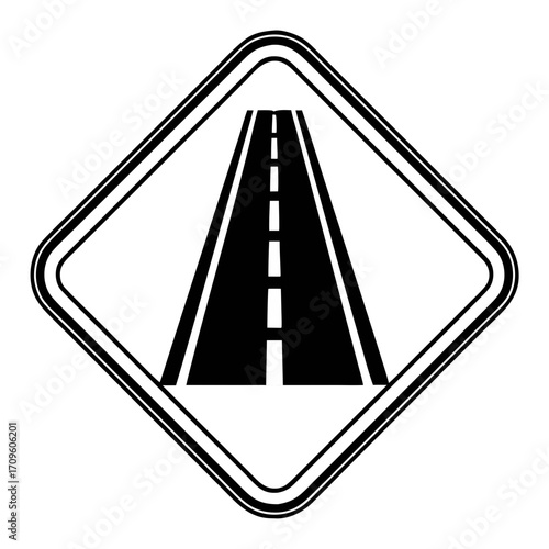 White road icon with dashed lines inside a diamond shape on black symbol highway